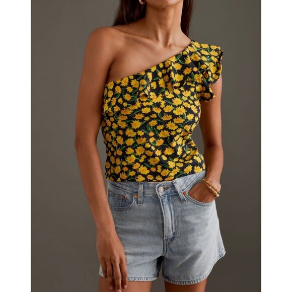 Maeve Anthropologie One-Shoulder Ruffled Floral Top Size XL Yellow - Picture 5 of 9